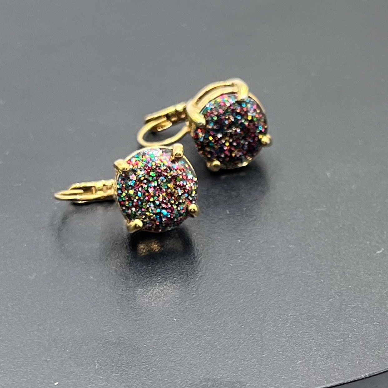 Multicolor Round Prong Set Glitter Sparkle Gold Tone Drop Leverback Earrings